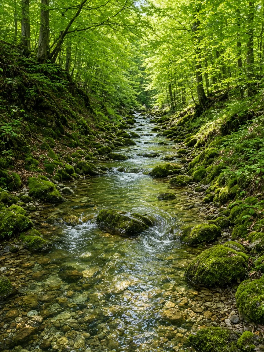 Bachlauf mit Moos im Wald